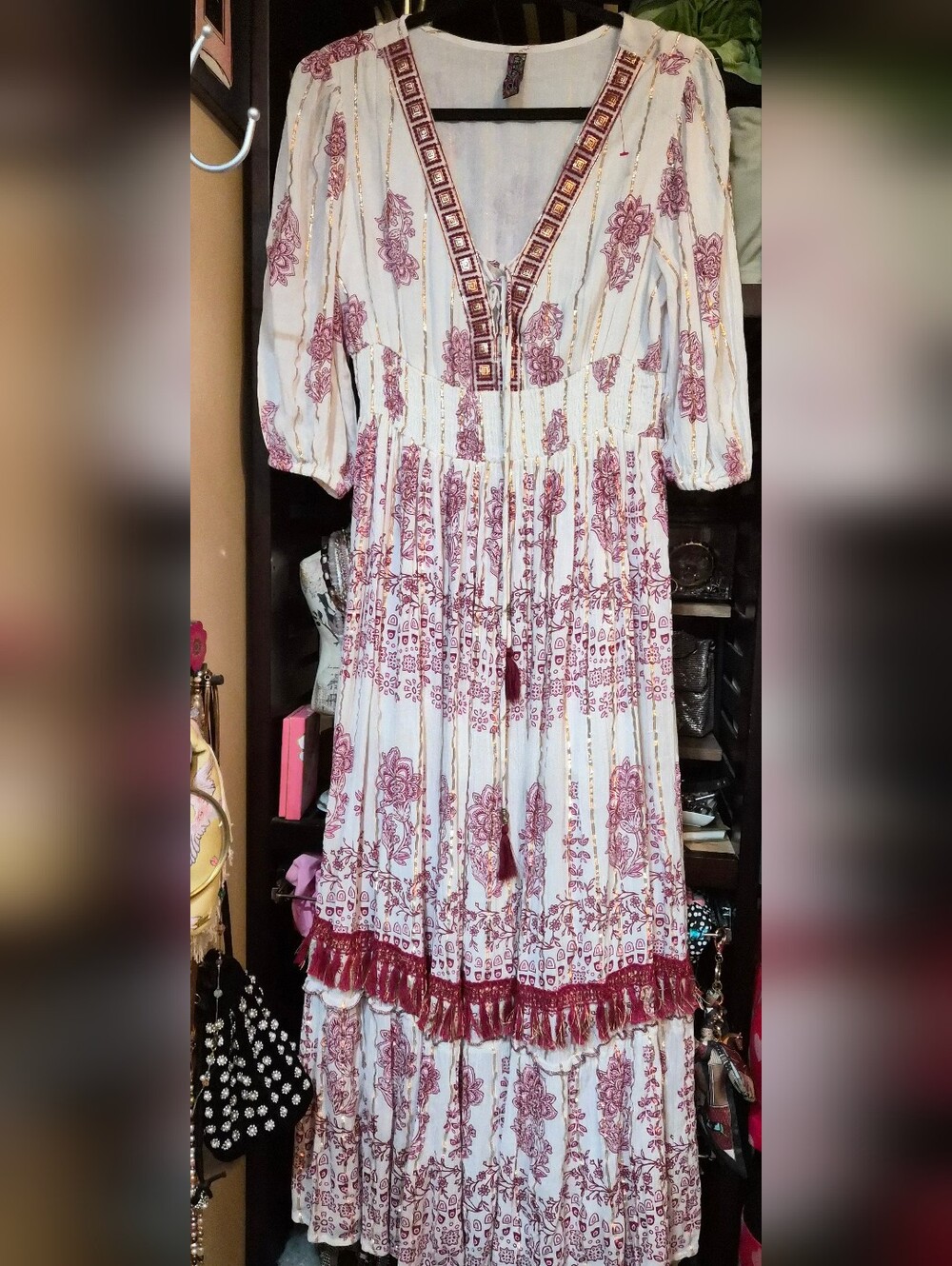 White and Rose Floral Maxi Dress with Tassel Tie